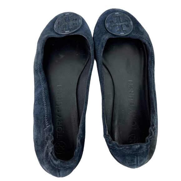 Tory Burch Minnie Suede Leather Travel Ballet Flat 7.5 Navy Blue Foldable - Picture 7 of 10